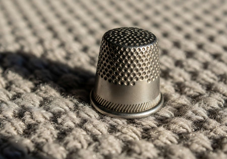 Metal thimble on a knitted background. Selective focus.の写真素材