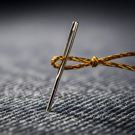 needle and thread on a fabric background macro close up selective focusの写真素材