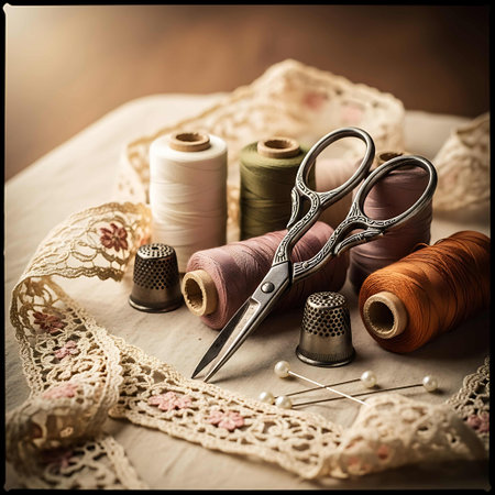 Sewing accessories on the table. Vintage style toned picture