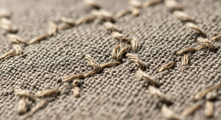 Macro detail of a linen fabric texture background with stitch pattern.の写真素材