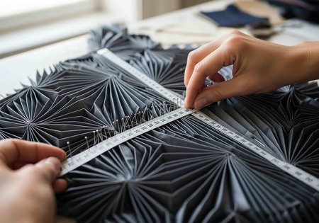 Fashion designer working on her designs in the studio. Selective focus.の写真素材