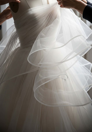 Wedding dress hanging on a mannequin in a studioの写真素材