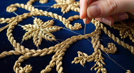 Close-up of a hand embroidering on a blue background