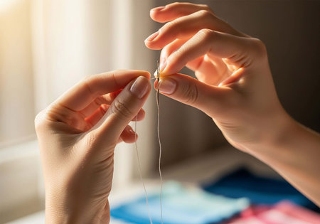 Close up of woman hands knitting on table at home. Female hands with needle and threadの写真素材