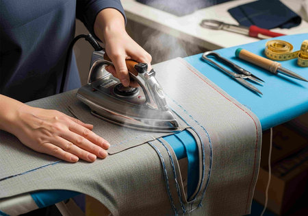 Close-up of woman ironing clothes on ironing board.