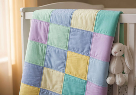 Baby bed with colorful checkered pillows and teddy bear