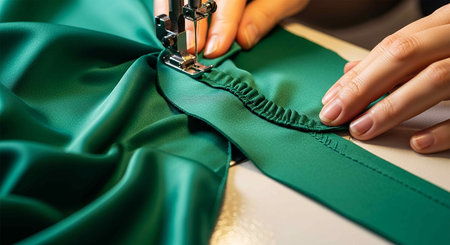 Closeup of a woman's hands sewing a green satin fabric