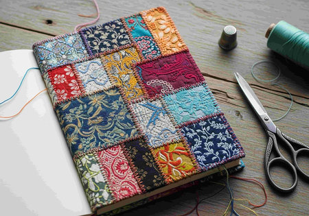 Handmade quilting patchwork book on a wooden table.