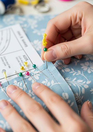 Closeup of female hands sewing with needles on blue tablecloth.