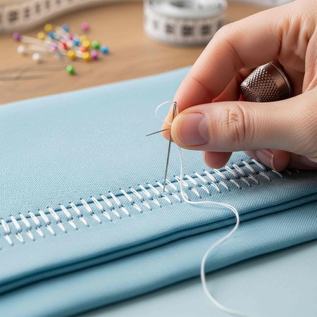 Close up of woman's hand sewing on blue notebook with needle and threadの写真素材