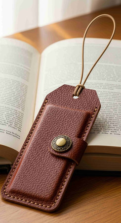 Blank brown leather tag on a book with copy space for your textの写真素材
