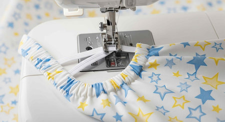 Sewing machine with white fabric and blue stars embroidery
