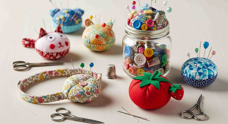 Colorful sewing accessories on white wooden table. Handmade concept.