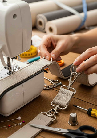 Close up of female hands sewing on sewing machine. Tailoring workshop