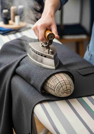Woman's hand with a steam iron on the background of a sewing machineの写真素材