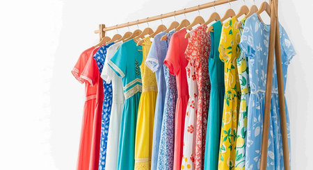 Colorful clothes hanging on a hanger isolated on white background.の写真素材