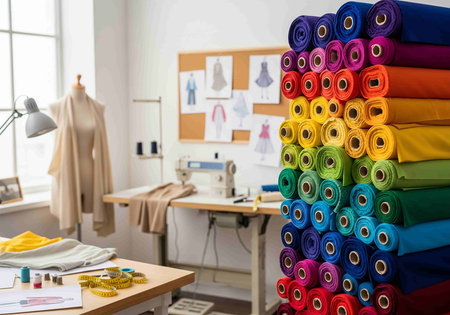 colorful fabric rolls on table in sewing studio, sewing and tailoring conceptの写真素材