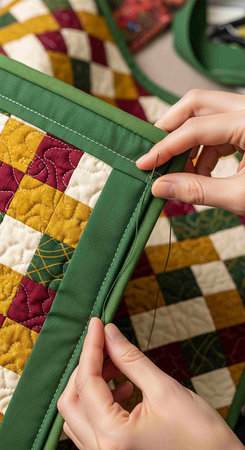 Close-up of a woman's hands sewing a patchwork quilt