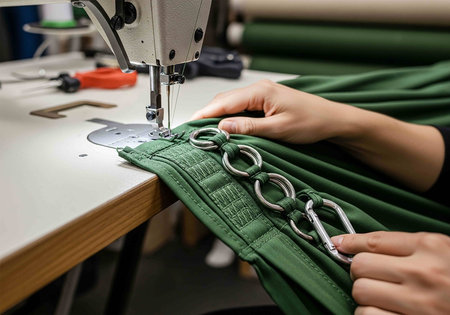 Close-up of sewing machine and hands of seamstress working with fabric