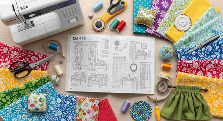 Sewing accessories and fabric pattern on wooden table, top view