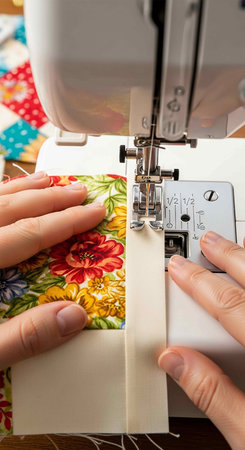Close-up of woman's hands sewing on a sewing machine.