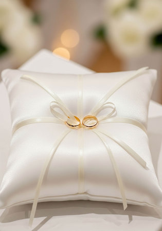 Wedding rings on a pillow with a candle in the backgroundの写真素材