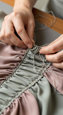 Close-up of a woman's hands sewing a gray dress.の写真素材