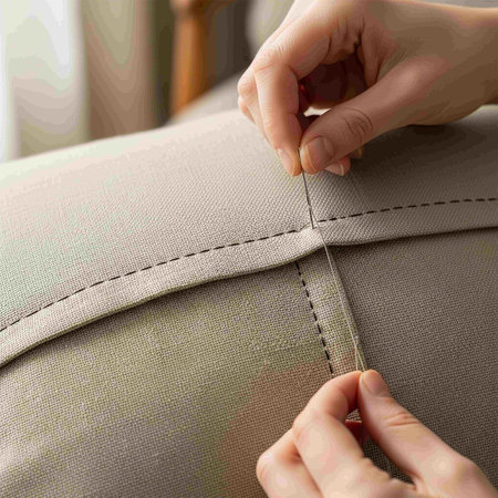 Close-up of a woman's hands sewing an armchair.
