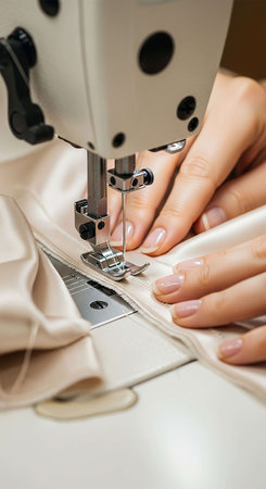 Closeup of female hands sewing on sewing machine. Sewing concept