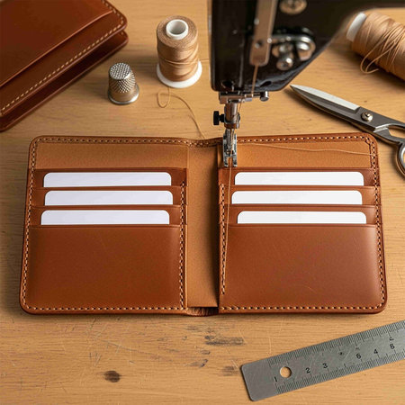 Leather wallet with sewing machine, scissors and thread on the table