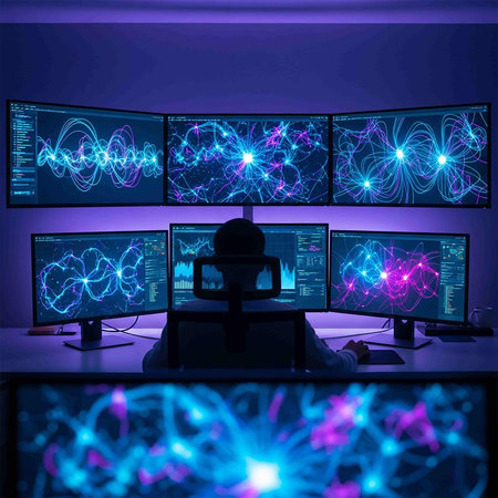 Cyber security concept: man in front of computer monitors with glowing lights