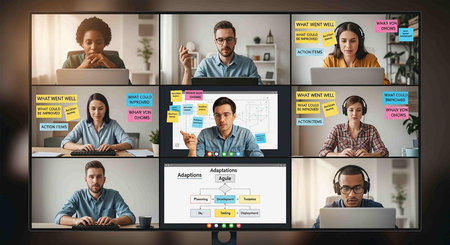Video conference, online meeting, webinar, video call. Multiethnic group of people communicating via...