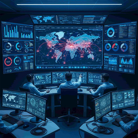 Group of people in the office with computers and world map on screens