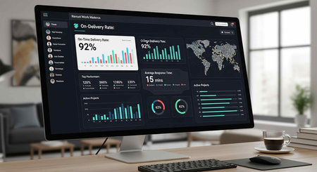 Close up of modern workspace with computer, coffee cup and statistics on screen. 3d rendering