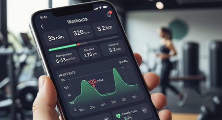 Smartphone with fitness app on screen in gym. Fitness and healthcare concept