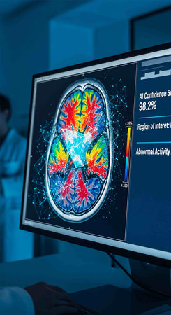 Computer screen with human brain in medical center. 3D Rendering