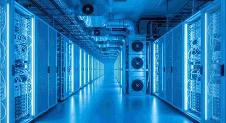 Futuristic server room data center. Blue toned image.