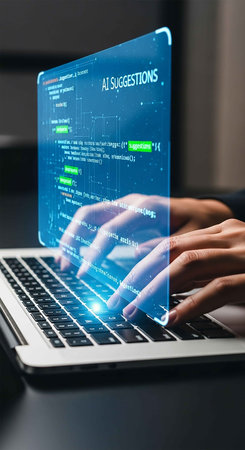 Programmer working on laptop at night, closeup of hands typing on keyboard