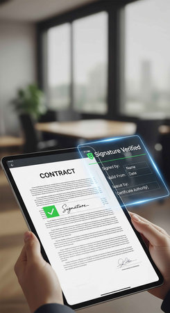 business, technology, internet and networking concept - close up of woman with tablet pc computer and contract on screenの写真素材