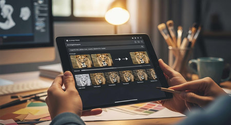 Close-up of female hands holding tablet with image of tiger on screen