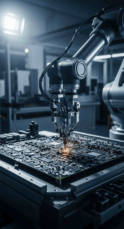 Robotic arm working on a printed circuit board in a modern factory