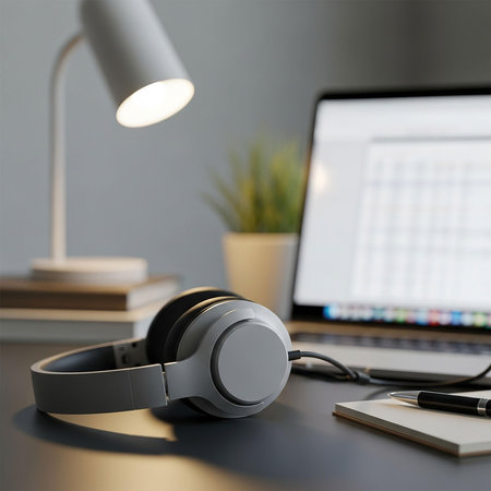 Headphones and laptop on table, closeup. Home office conceptの写真素材