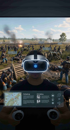 Member of Red Star military history club wears virtual reality glasses during historical reenactment...