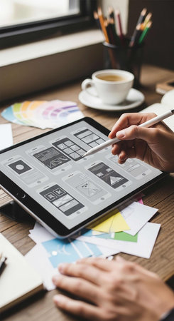 Close-up image of female designer working on digital tablet while sitting at workplace