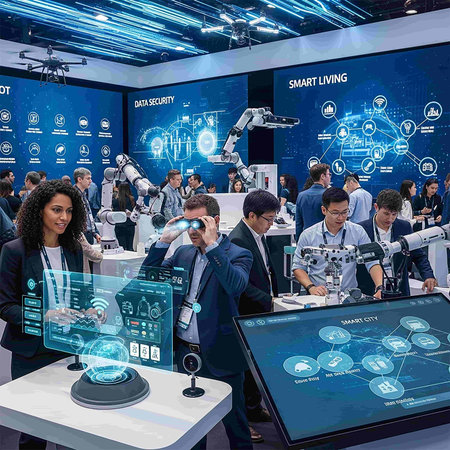 Group of business people and robots working in a virtual space. 3D rendering