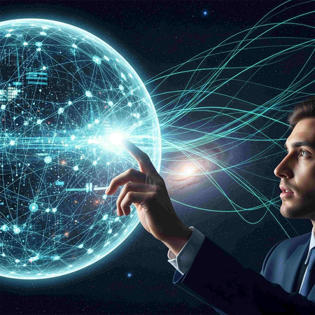 Young businessman touching global network hologram.