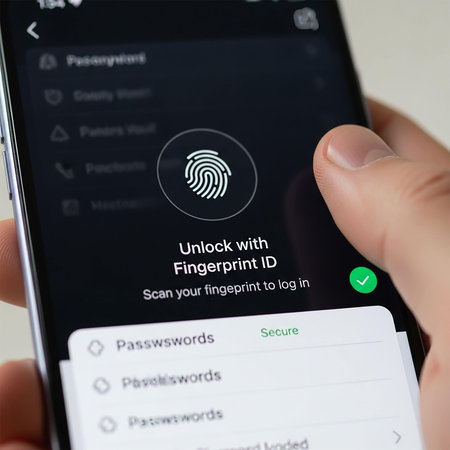 Unidentified man using smartphone with fingerprint app on the screen.