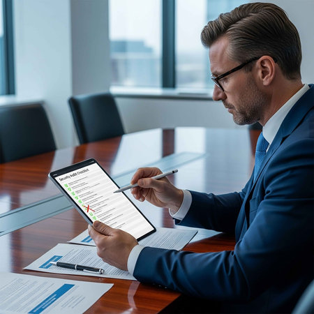 businessman with tablet pc and financial charts on table in modern officeの写真素材