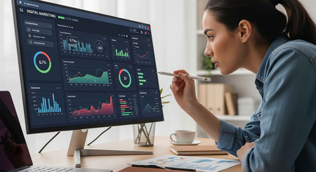 businesswoman working with charts and graphs on computer at workplace in office