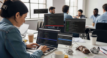 Programmer working on computer in office. Programmer coding code on monitor.の写真素材